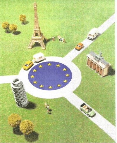 Illustratie van auto's (met caravan) over een rotonde met in het midden een Europese vlag